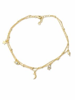 Gold Multi-Charm Layered Anklet with Moon, Star and Hamsa